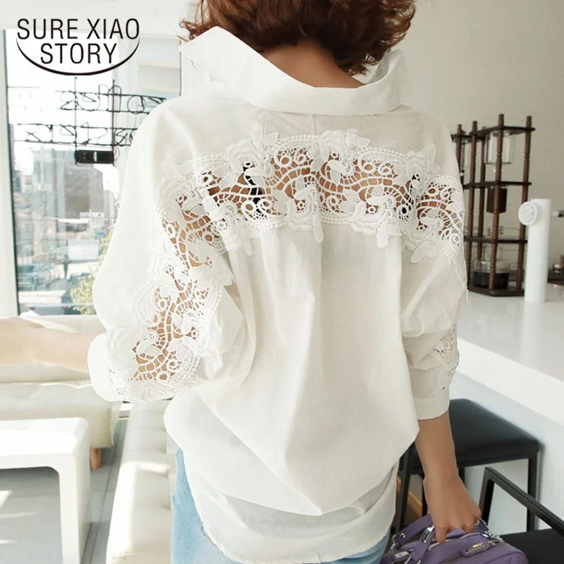 fashion women tops Summer 2020 backless sexy Hollow Out Lace Blouse Shirt Ladies casual Loose White office blouse women 1310 40 Elegant Lace-Trimmed Short Shirt