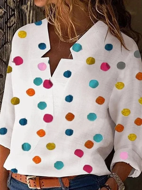 Fashion Loose Casual Polka Dot Shirt Top Stylish Crew Neck Shirt