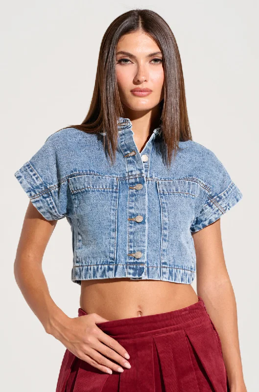 FOREVER THAT GIRL DENIM BUTTON UP SHIRT Trendy Turtleneck Short Shirt