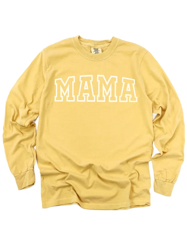 Mama Varsity Long Sleeve Shirt - Mustard Yellow Fashionable Sheer Short Shirt