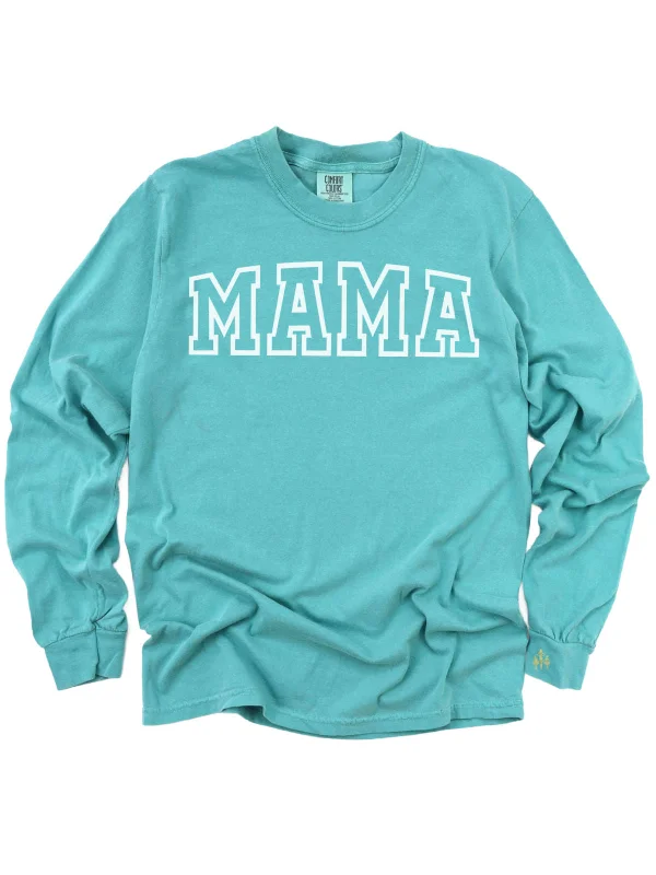 Mama Varsity Long Sleeve Shirt - Sea Foam Green Casual Loose Short Sleeve