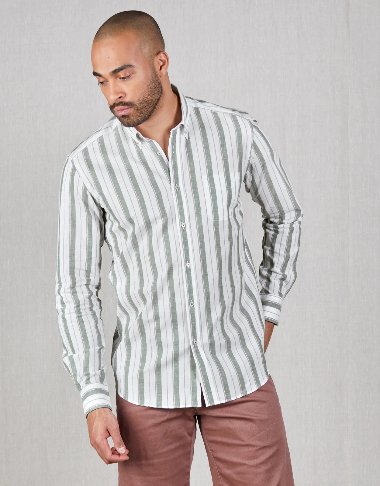 Rembrandt - Ohope Shirt - Green/Brown Stripe Cozy Linen Short Shirt