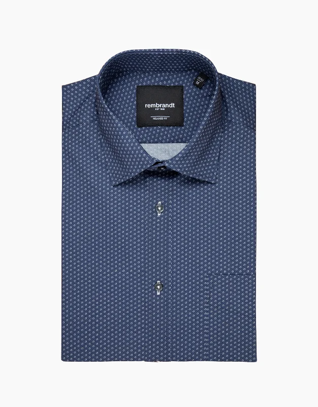 Rembrandt - Sinatra Shirt - Dark Blue Microdesign Elegant Off-Shoulder Short Shirt