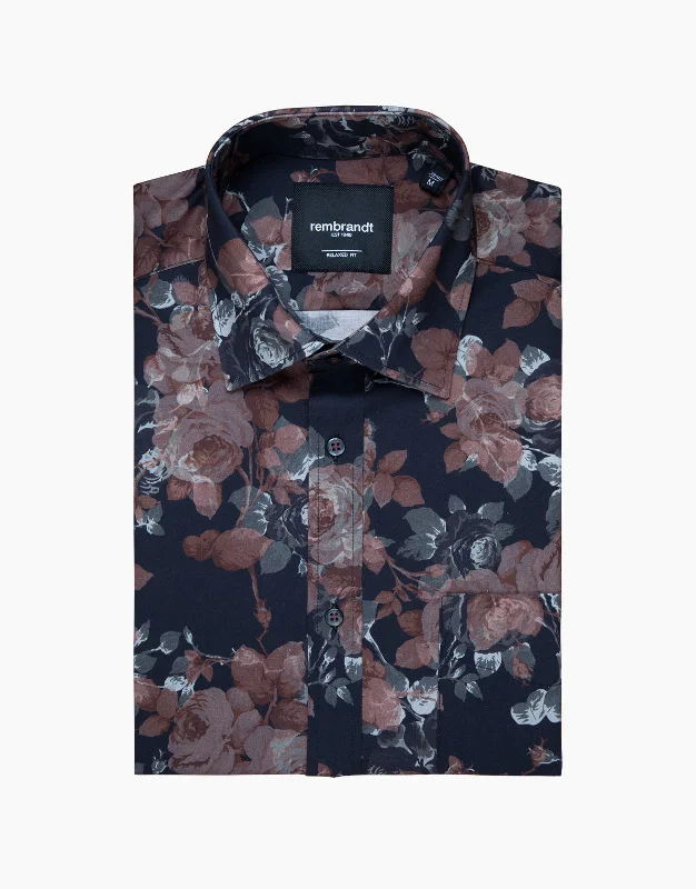 Rembrandt - Sinatra Shirt - Black/Pink Rose Print Comfortable Peplum Short Shirt