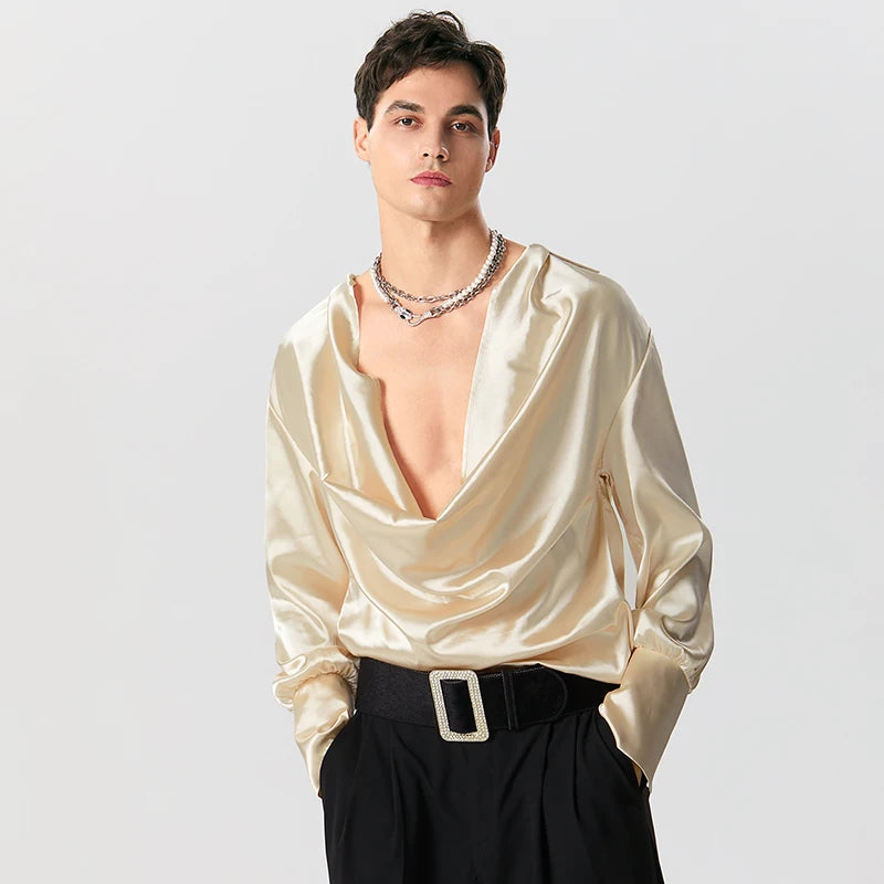 Satin Cowl Neck Shirt Comfortable Short Sleeve Tee