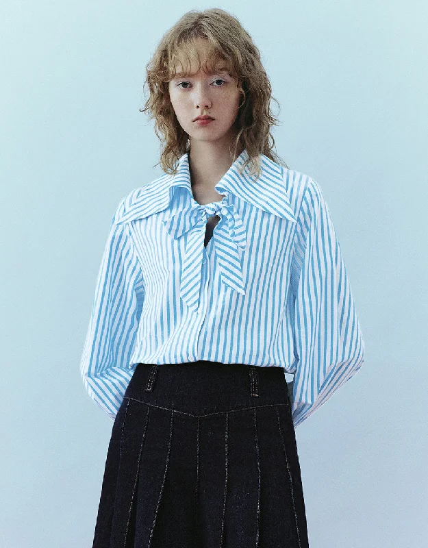 Striped Shirt With Tie Fashionable Cuffed Short Sleeve