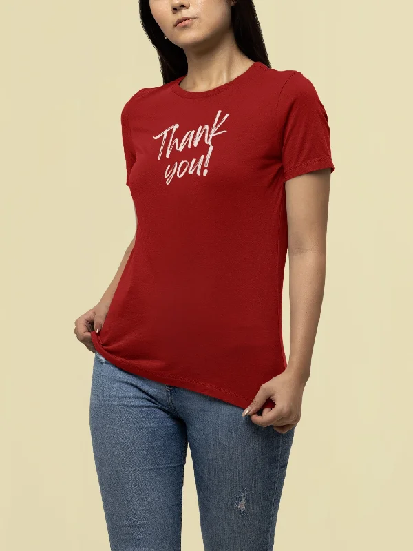 THANK YOU  PRINTED TSHIRT -RED Relaxed Cotton Short Blouse