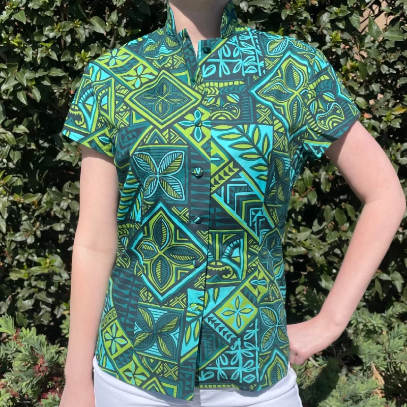 TikiLand Trading Co. 'Pae'a Tapa' - Classic Aloha Button Up-Shirt - Womens - Ready to Ship! Classic Cropped Short Sleeve