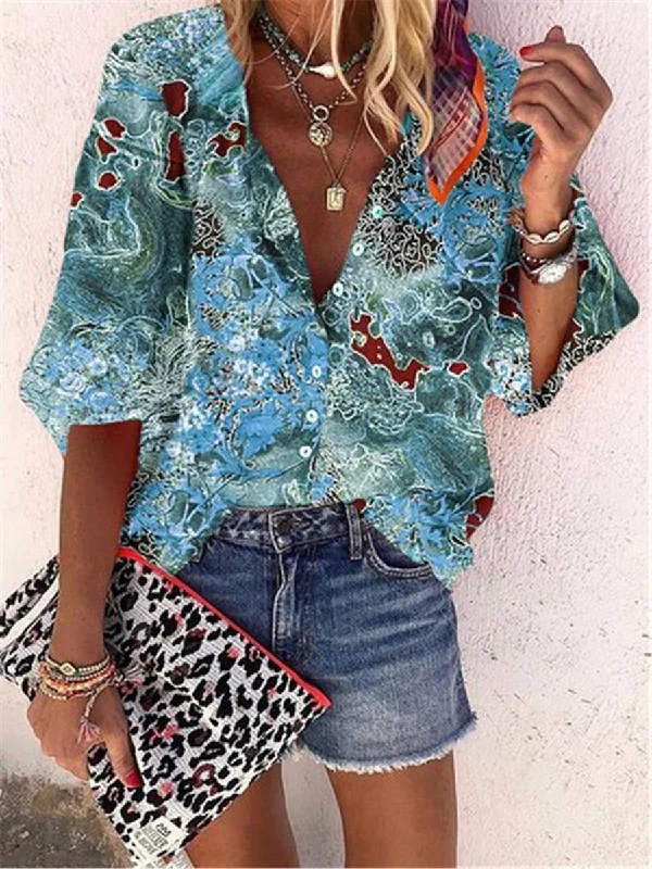 Vintage Bohemian Loose Casual Short Sleeve Shirt Top Casual Slouchy Short Sleeve