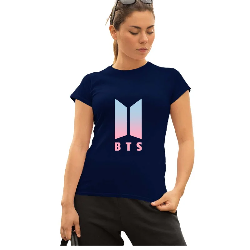 WOMENS BTS -1 PRINTED TSHIRT - NAVY Trendy Ruffled Short Sleeve