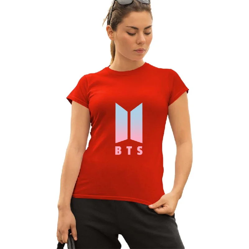 WOMENS BTS -1 PRINTED TSHIRT - RED Comfortable Ribbed Short Sleeve