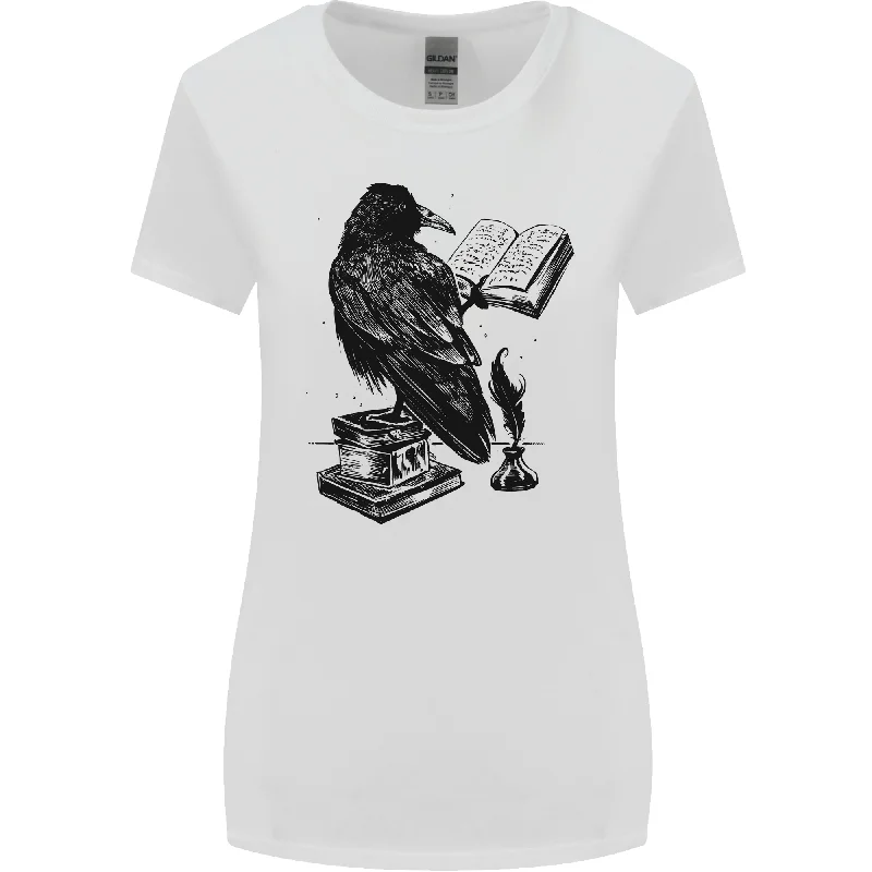 A Raven Reading a Book Literature Womens Wider Cut T-Shirt Basic T-Shirt Crew Neck Short Sleeve