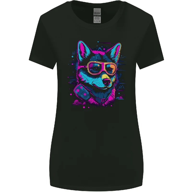 A Retrowave Husky Dog Womens Wider Cut T-Shirt Spandex Blend Rayon Blend Denim Blend