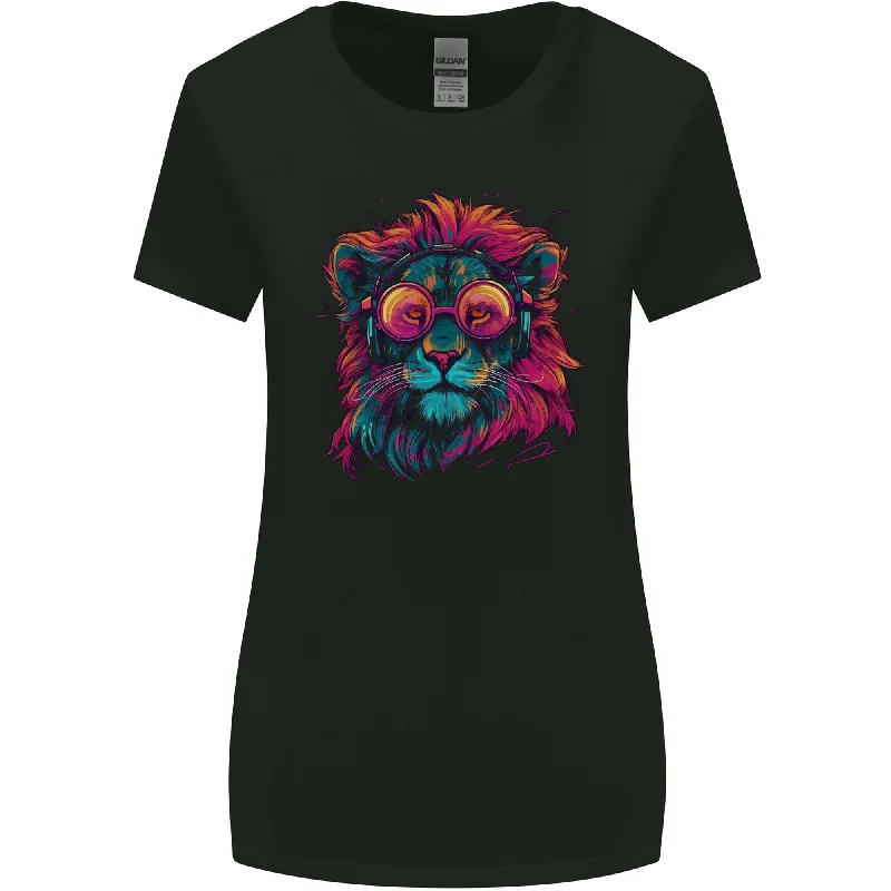 A Retrowave Lion Womens Wider Cut T-Shirt Wool Fabric Cashmere Fabric Tweed Fabric