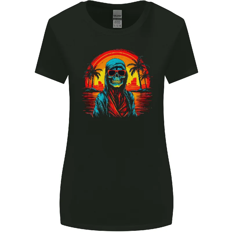 A Retrowave Skeleton Holiday Sunset Skull Womens Wider Cut T-Shirt Cashmere Blend Cotton Blend Poly Blend