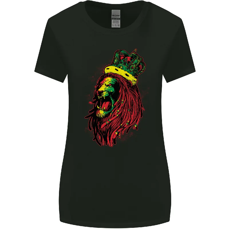 A Roaring Jamaican Lion Reggae Music Jamaica Womens Wider Cut T-Shirt Notch Collar Peter Pan Collar Cowl Neck