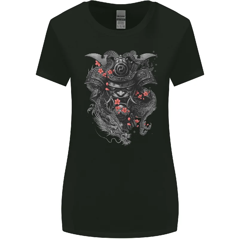 A Samurai Head with Dragons Warrior MMA Womens Wider Cut T-Shirt Denim Fabric Leather Fabric Suede Fabric