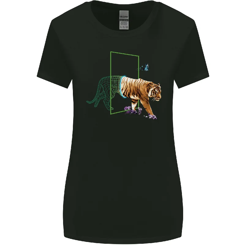 A SCI-FI Tiger Womens Wider Cut T-Shirt Beaded Sequined Faux Fur