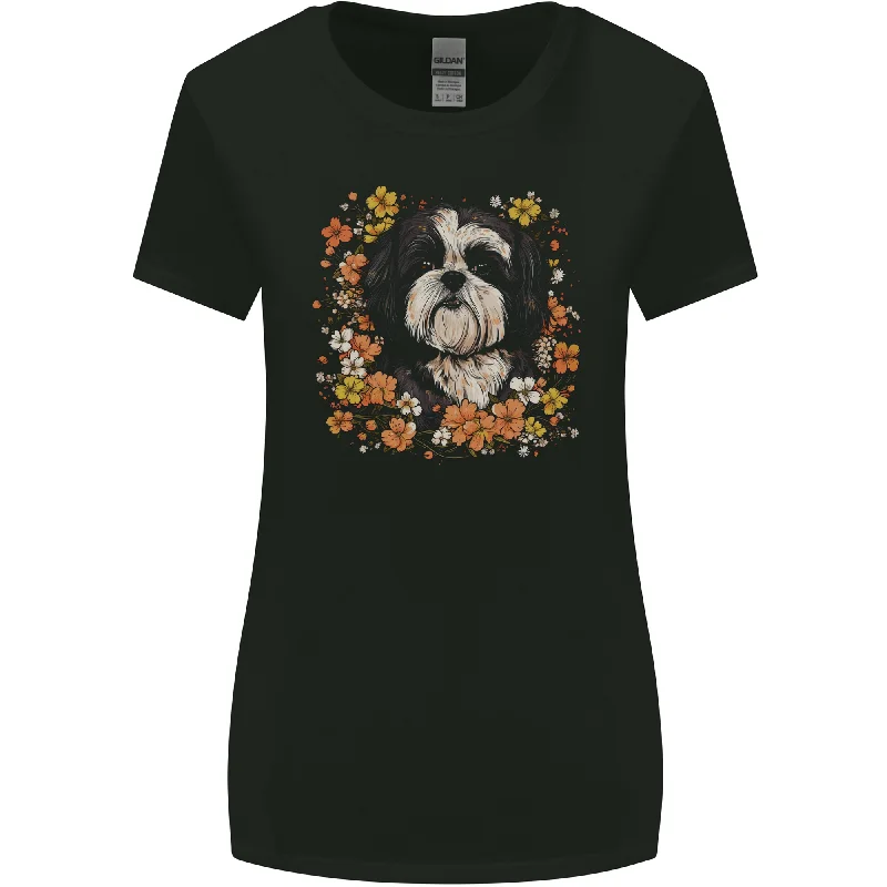 A Shih Tzu Dog Surrounded by Flowers Womens Wider Cut T-Shirt Collared T-Shirt Boat Neck A-Line