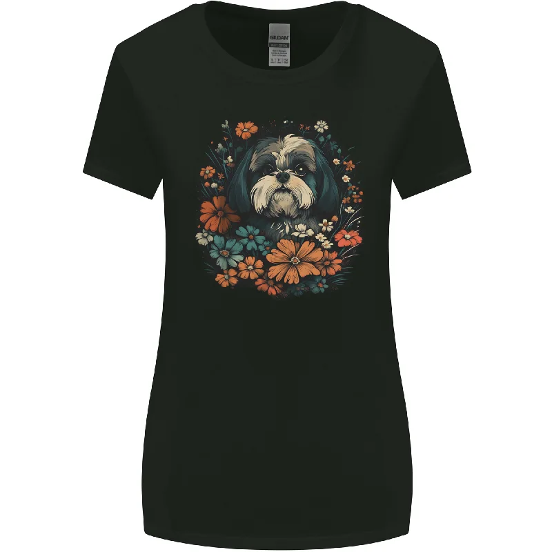 A Shih Tzu Dog With Flowers Womens Wider Cut T-Shirt Casual Formal Business