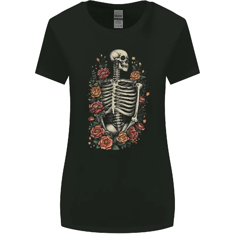 A Skeleton With Flowers Skull Womens Wider Cut T-Shirt Welt Pockets Slit Pockets