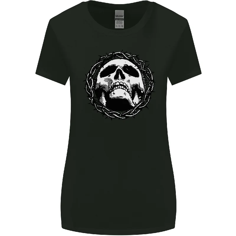 A Skull in Thorns Gothic Christ Jesus Womens Wider Cut T-Shirt Notch Collar Peter Pan Collar Cowl Neck