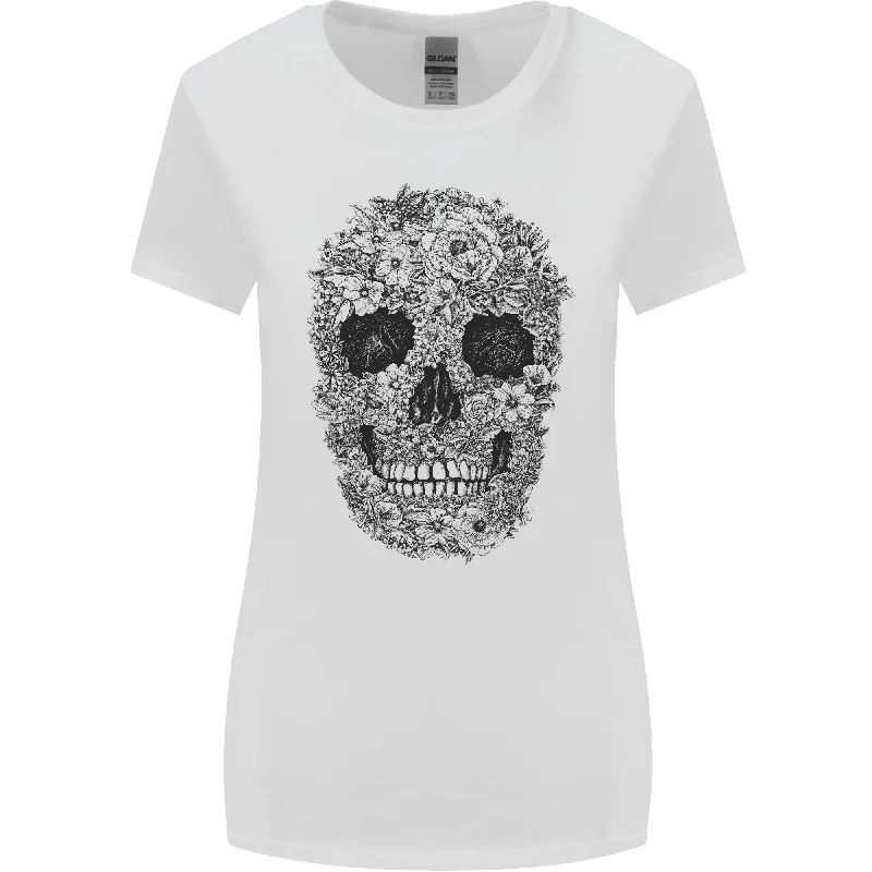 A Skull Made of Flowers Gothic Rock Biker Womens Wider Cut T-Shirt Zippered Front Buttoned Front Snap Front