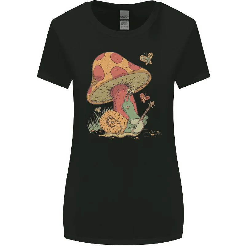 A Snail Playing the Banjo Under a Mushroom Womens Wider Cut T-Shirt Fleece Fabric Down Fabric Feather Fabric