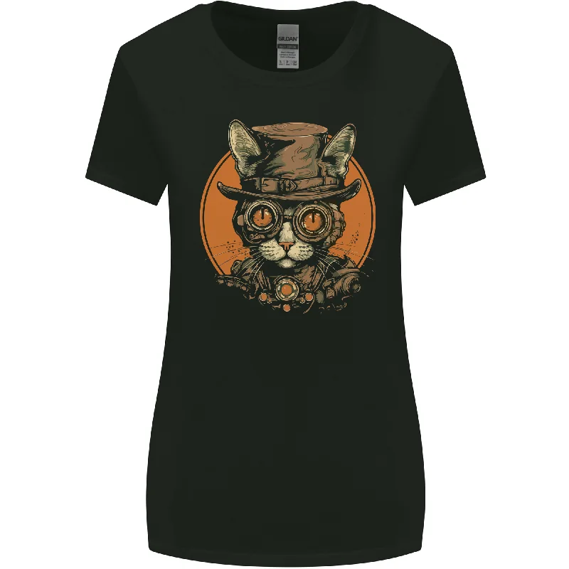 A Steampunk Cat With a Hat & Glasses Womens Wider Cut T-Shirt Ribbed Striped Patterned