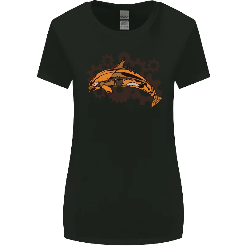 A Steampunk Dolphin Womens Wider Cut T-Shirt Zippered Front Buttoned Front Snap Front