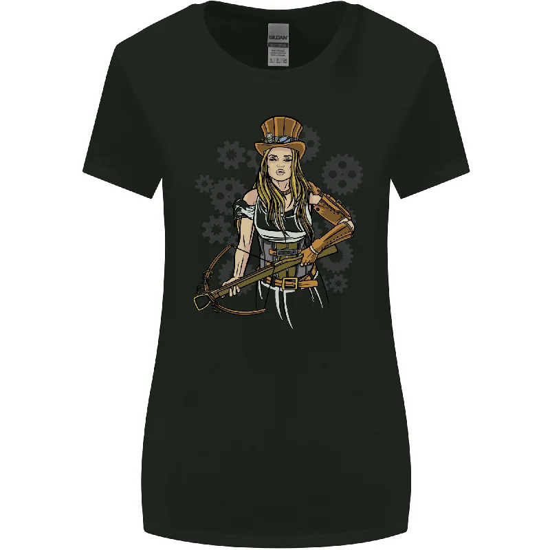 A Steampunk Woman With a Crossbow Womens Wider Cut T-Shirt Polka Dot Checkered Tartan