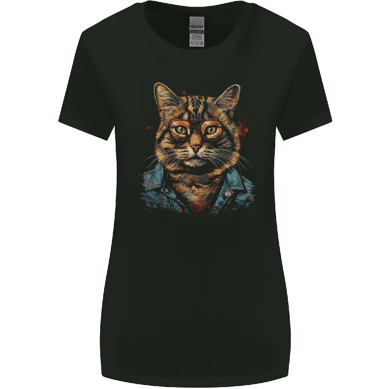 A Streetwise Cat With Glasses Womens Wider Cut T-Shirt Collared Crew Neck Turtle Neck