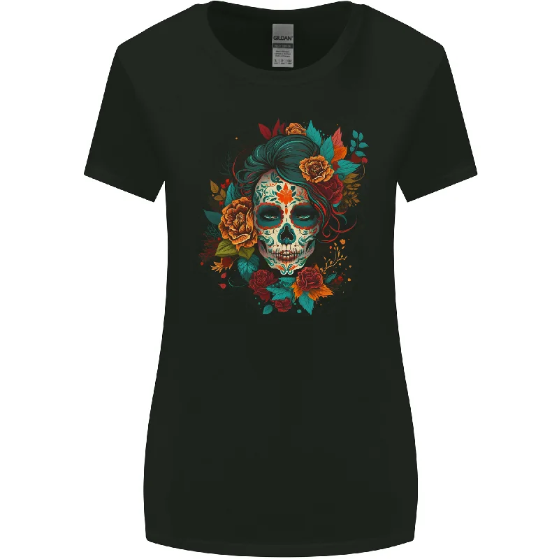 A Sugar Skull With Flowers Day of the Dead Womens Wider Cut T-Shirt Houndstooth Herringbone Solid A Sugar Skull With Flowers Day of the Dead Womens Wider Cut T-Shirt Houndstooth Herringbone Solid