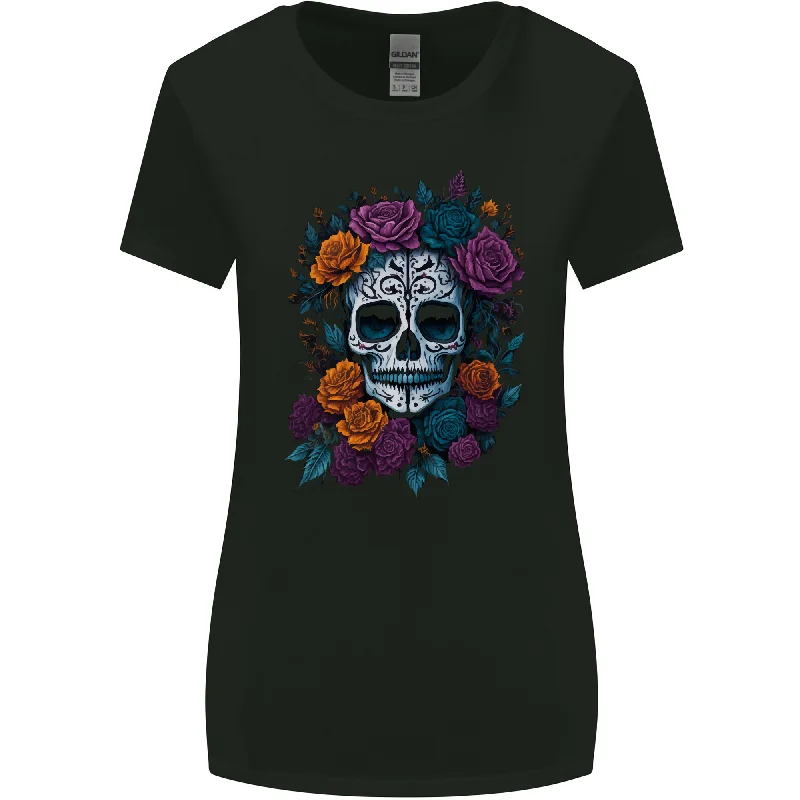 A Sugar Skull With Roses Day of the Dead DOTD Womens Wider Cut T-Shirt Hooded Caped Shawl Collar A Sugar Skull With Roses Day of the Dead DOTD Womens Wider Cut T-Shirt Hooded Caped Shawl Collar