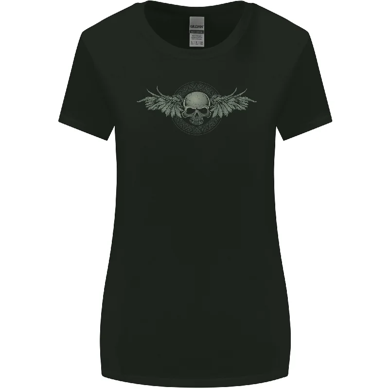 A Tribal Skull With Wings Gothic Goth Rock Music Womens Wider Cut T-Shirt Notch Collar Peter Pan Collar Cowl Neck A Tribal Skull With Wings Gothic Goth Rock Music Womens Wider Cut T-Shirt Notch Collar Peter Pan Collar Cowl Neck