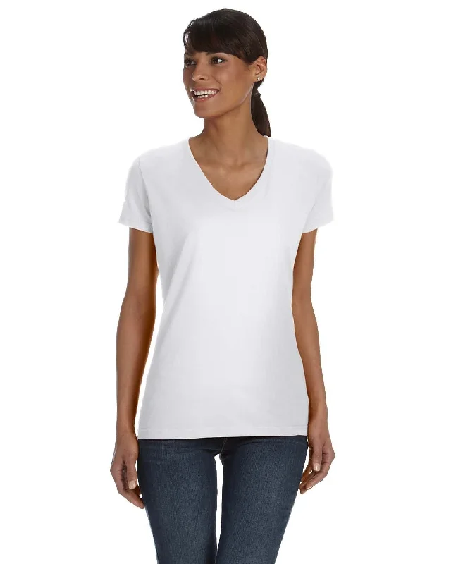 Fruit of the Loom Ladies 100% Heavy Cotton HD V-Neck T-Shirt | White Mesh Blend Leather Blend Suede Blend