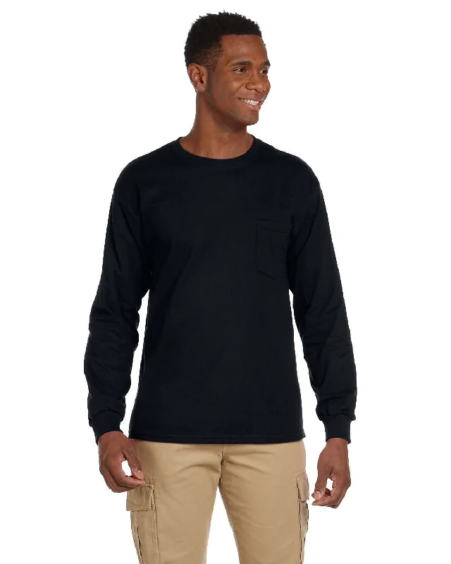 Gildan Ultra Cotton Long Sleeve Pocket T-Shirt | Black Asymmetrical Pockets Print