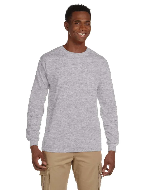 Gildan Ultra Cotton Long Sleeve Pocket T-Shirt | Sport Grey Fleece Fabric Down Fabric Feather Fabric