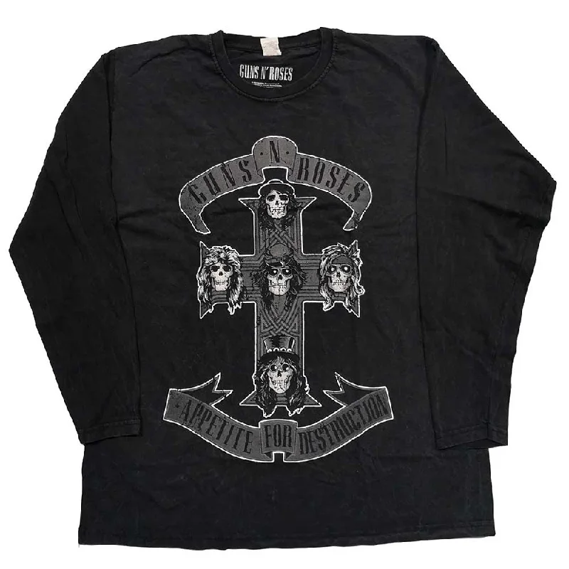 Guns N' Roses Unisex Long Sleeved T-Shirt: Monochrome Cross (Dip-Dye) Silk Blend Satin Velvet