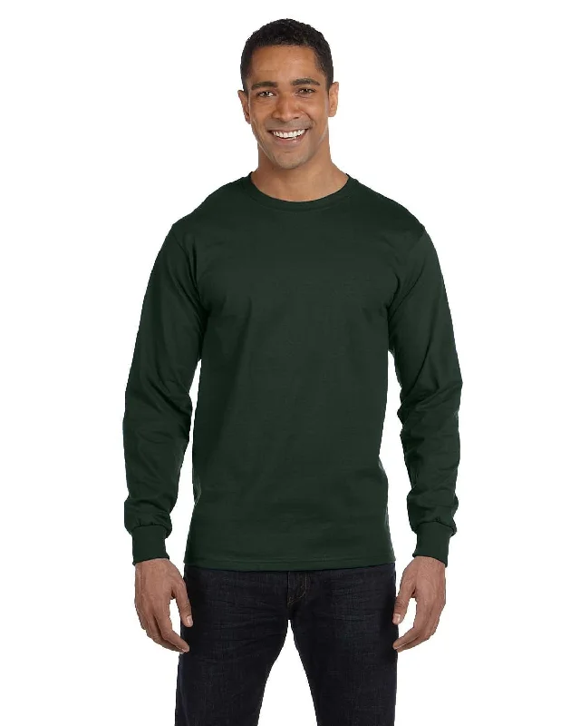 Hanes Long Sleeve Beefy-T T-Shirt | Deep Forest Welt Pockets Slit Pockets Flap Pockets