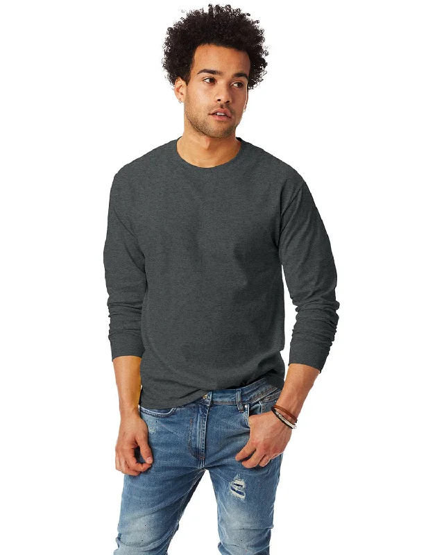 Hanes Tagless ComfortSoft Long Sleeve T-Shirt | Charcoal Heather Polka Dot Checkered Tartan