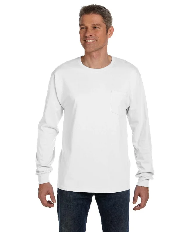 Hanes Tagless Long Sleeve Pocket T-Shirt | White Handmade Hand-knitted Hand-woven