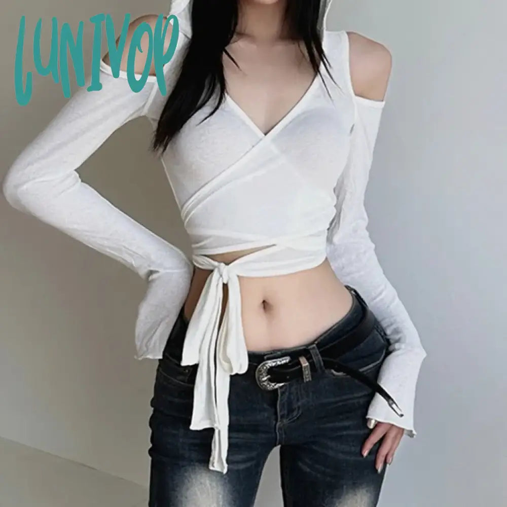 Lunivop 2024 Autumn Cross V-neck T-shirts Slim Fit Lace Up Hoodie Knitted Tees Y2k E-Girl Long Sleeve Thin Sun Protection Tops Women Zippered Buttoned Snapped