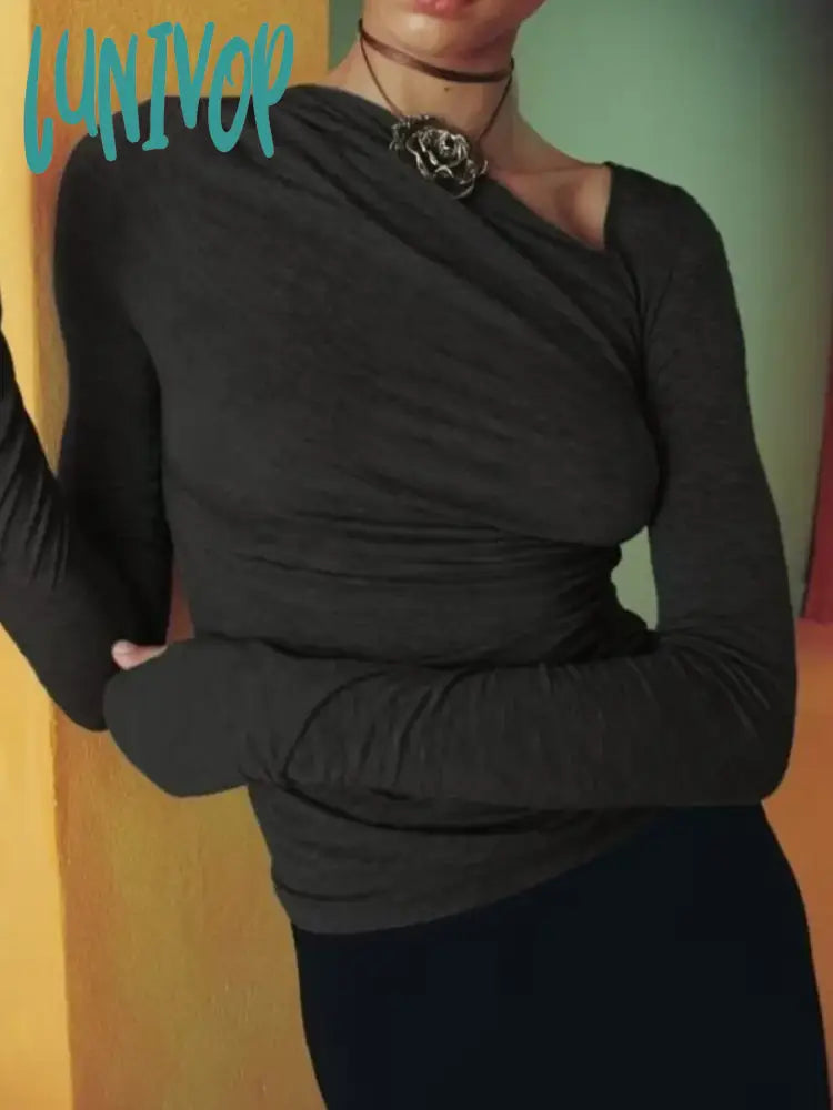 Lunivop Solid Color Side Folds T-shirt Women Irregular Collar Long Sleeve Slim Chic Basic T-shirts Lady Vintage Simple Tees Top 2024 New Anti-Shrink Durable Soft Lunivop Solid Color Side Folds T-shirt Women Irregular Collar Long Sleeve Slim Chic Basic T-shirts Lady Vintage Simple Tees Top 2024 New Anti-Shrink Durable Soft