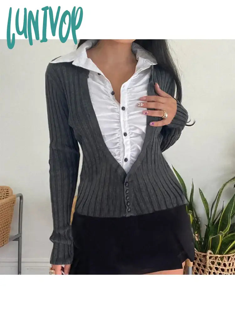 Lunivop Woman Long Sleeve Fall Lapel Collar T-Shirts Knit Crochet Patchwork Top Single Breasted Tees Fake Two Pieces Classical Chic Ins Boxy Fit Fitted Loose