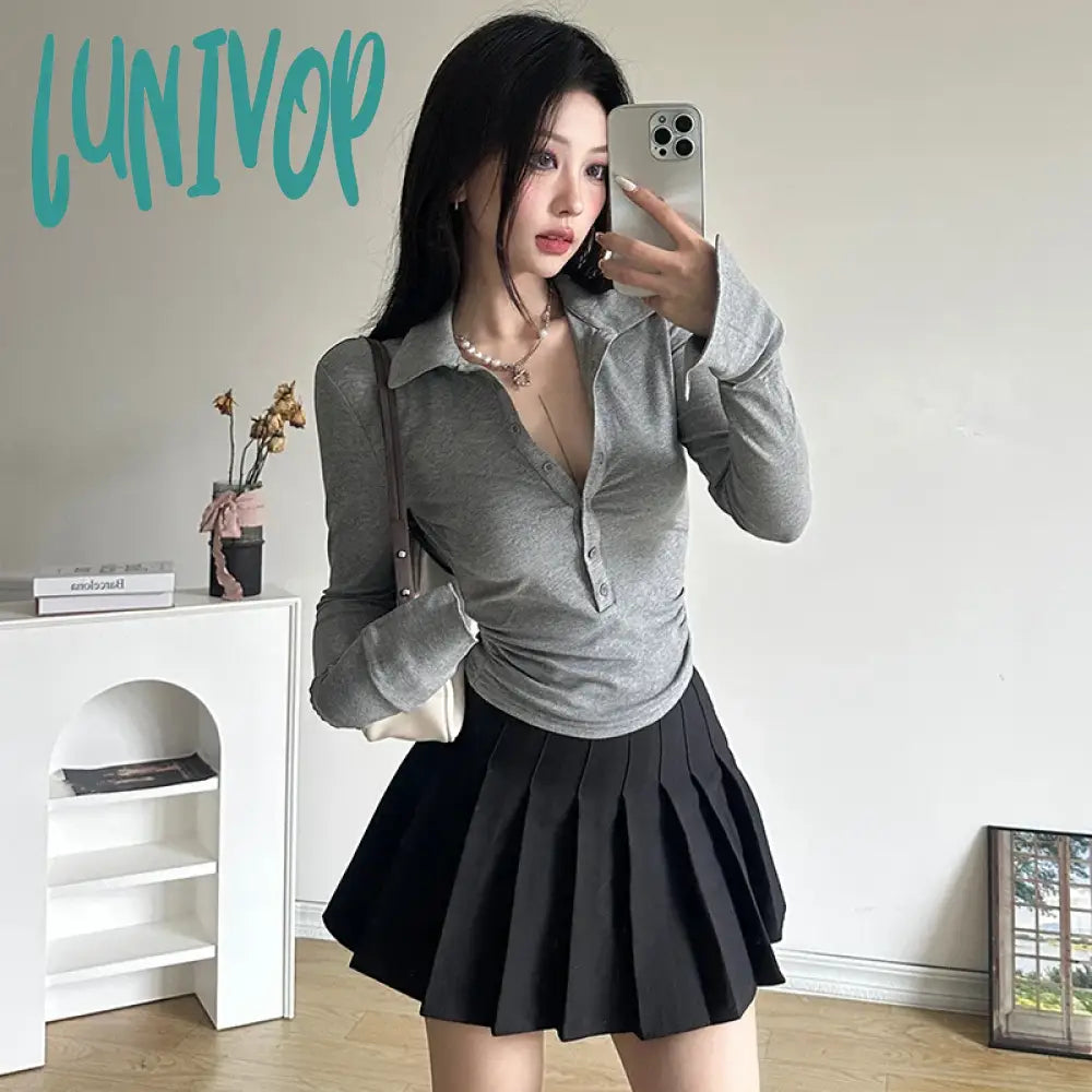 Lunivop Woman Sexy Crop Top Kawaii T-Shirts Chic Tees Elegant Crochet Vintage Top Daily Korean Single Breasted  Front Slit V Neck Knit Notch Collar Peter Pan Collar Cowl Neck