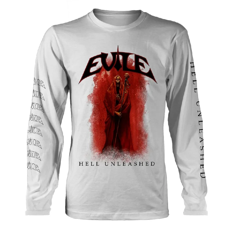 Evile Unisex Long Sleeved T-shirt: Hell Unleashed (White) (back print) Hooded Caped Shawl Collar