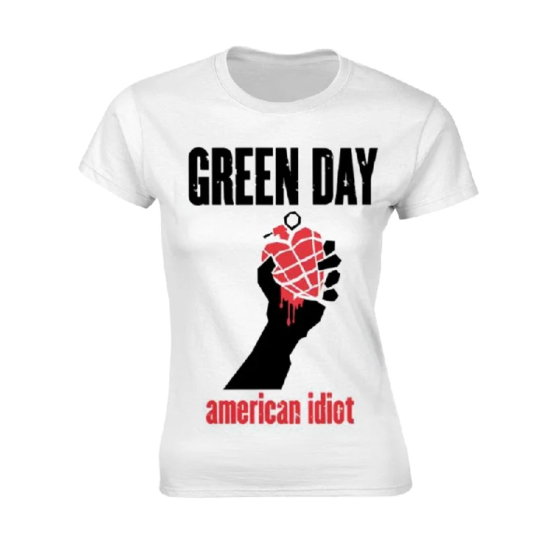 Green Day Ladies Ladies T-shirt: American Idiot Heart (White) (back print) Solid Print Embellished