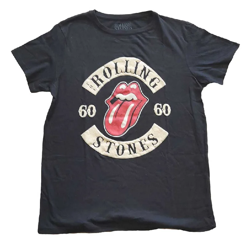 The Rolling Stones Ladies T-Shirt: Sixty Biker Tongue (Suede Flock) Zippered Buttoned Snapped