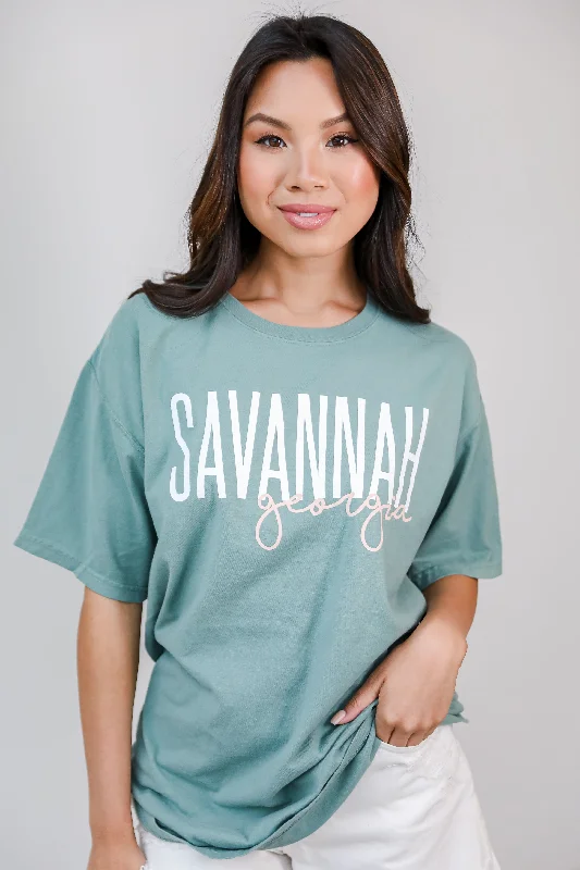 Seafoam Savannah Georgia Script Tee Notch Collar Peter Pan Collar Cowl Neck